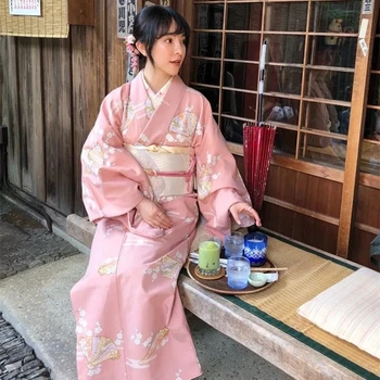 סאקורה ילדה שמלת קימונו יפני יאקאטה אובי חלוק נשים פרחוני הדפסה Haori יפן מדים תחפושות קוספליי מסיבה קצרה שמלת