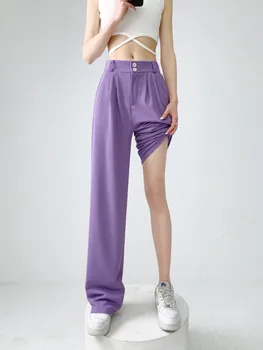 סגול רחב הרגל המכנסיים נשים קיץ חדש עם קו מותן גבוה קוריאני אופנה מזדמן חליפות מכנסיים משרד גבירותיי ישר מכנסיים