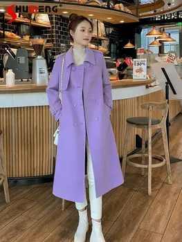 סגנון קוריאני סגול עדין צמר מעיל נשים חדש ארוך שרוול מעיל הסתיו והחורף בדרגה גבוהה אמצע אורך צמר מעיל