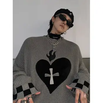 סוודר עם לבבות Harajuku אופנה בגדי גברים חורף מגמה של נשים הדפסה Oversize קוריאנית לסרוג היפ הופ בגדים סוודרים