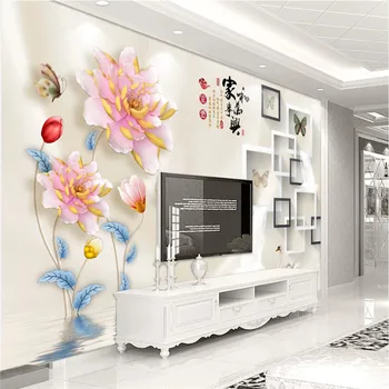 סיני 3D סטריאוסקופית הקלה פרח המשפחה הרמוניה נושא הטלוויזיה רקע טפט קיר מודרני, פרחוני 3D קיר מסמכי עיצוב הבית
