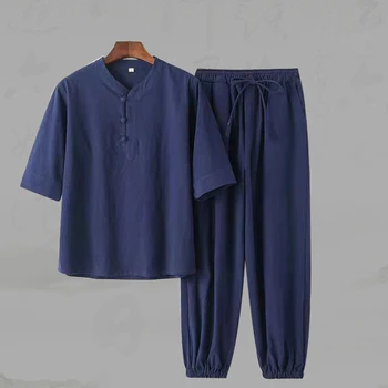 סינית מסורתית טאנג חליפה בתוספת גודל Hanfu סטים קונג פו חליפת קיץ כותנה פשתן גברים מזדמנים צמרות & מכנסיים להאריך ימים יותר Loungewear