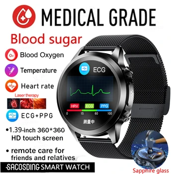 ספיר זכוכית שעון חכם א PPG HRV דיבור / שידור הגלוקוז בדם, לחץ דם, חמצן, טמפרטורת הגוף לפקח על Smartwatch גברים כושר