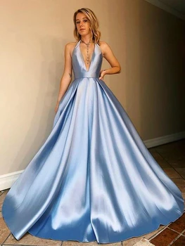סקסית V-צוואר אור כחול שמלת ערב הלטר צוואר קו A-זמן הנשף שמלת לאירועים רשמיים בהזמנה אישית vestidos דה פיאסטה