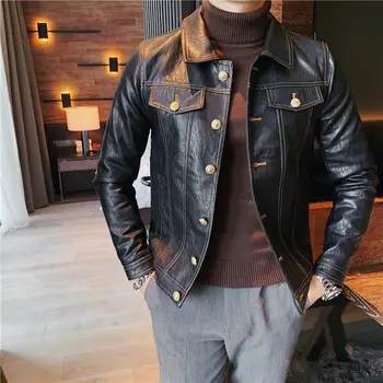 עור גברים מעיל עור שחור מעיל מקרית קוריאני סגנון Chaquetas גבר Motorrad Jacke אחת עם חזה דש ז ' קט עור