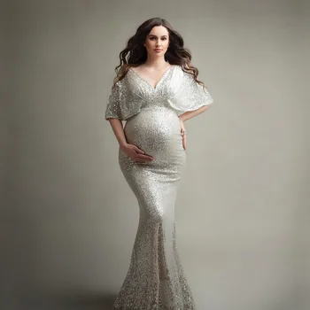 פאייטים לידה צילום שמלות ארוכות צמודות אישה בהריון שמלת מסיבת עבור הצילומים.