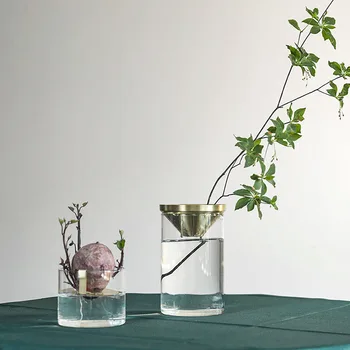 פרח, אגרטל זכוכית מודרני מינימליסטי ההגירה סגנון קישוט DriedNordic הסלון יצירתי שקוף, פה קטן נחושת המכשיר