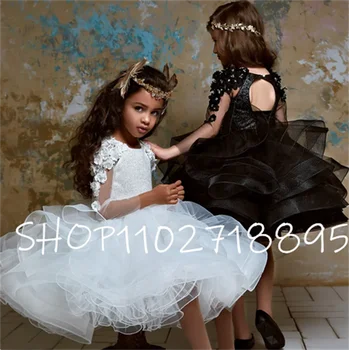 פרח ילדה שמלות תכשיט צוואר השרוול הארוך פרחוני 3d אפליקציות טול בנות תחרות שמלות באורך הברך שמלת מסיבת בנות