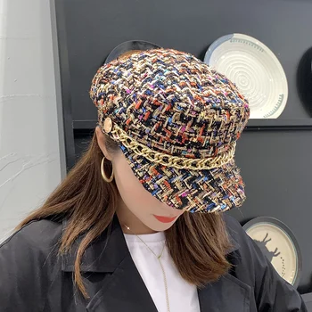 פשוט אופנה האביב והסתיו של נשים כובע זרים סטייל יפייפה כובע אופנה קוריאנית שרשרת זהב שטוח כובע מתומן הכובע