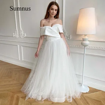 פשוט להוריד את כתף שמלת החתונה סאטן צוואר V טול קו שמלת כלה באורך רצפת שמלת מסיבת שמלות התאמה אישית