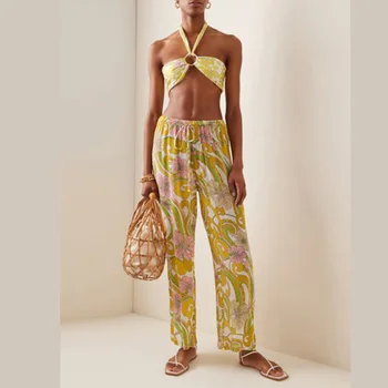 צהוב מודפס טלאים בגדי נשים שלושה חלקים בגדי ים גבוה המותניים רזה רצועת ביקיני סקסי אופנה Beachwear חשופת גב.
