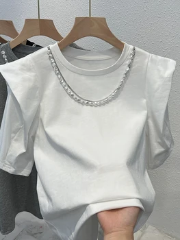 קוריאה סגנון שרוול קצר כותנה חולצות נשים קיץ פנינים עיצוב אלגנטי מוצק פשוטה מקסימום גברת מזדמן אופנתי Tees Футболка
