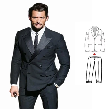 קלאסי 2 יחידות חליפה לגברים כפול עם חזה סלים להגדיר עסקים חליפות חתן טוקסידו לחתונה De Trajes גבר (קט+מכנסיים)