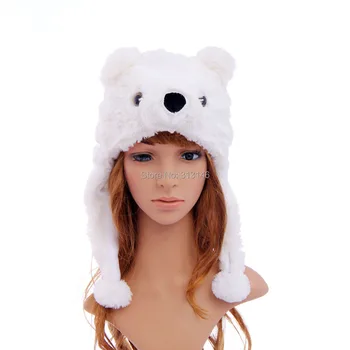 קריקטורה בעלי חיים קטיפה לבן דוב קוטב פאזי חם ביני כובע חורף למבוגרים, נשים גברים ילדים ילדים ילדים ילדות רכות בתחפושת