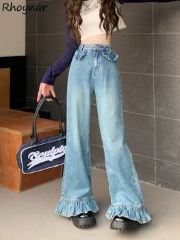 רחב הרגל ג 'ינס נשים S-4XL קפלים עיצוב ג' ינס מכנסיים אופנת רחוב שטף אישי נשי Джинсы Y2k בגדים וינטג ' אמריקאי