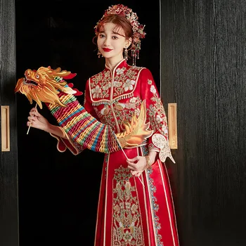 רטרו בסגנון סיני סאטן אדום פייטים חרוזים שמלת חתונה מסורתית Cheongsam כלה וינטג רשמית צ ' יפאו