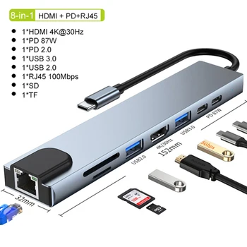 רכזת USB C רכזת 3.0 Hdmi 4K 100Mbps RJ45 Usb Type C תחנת מחשב נייד מצליחה adapte Usb רצועת כוח עם משטרת SD TF עבור ה-Macbook Air iPad