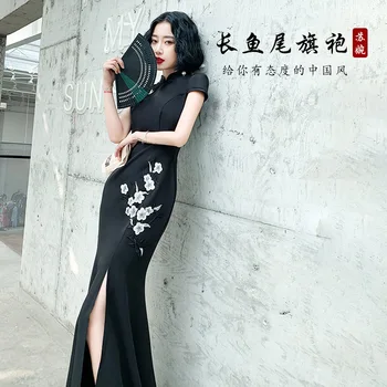 שחור בת ים בסגנון סיני הגברת Cheongsam חזק ארוכה אלגנטית שמלה מידות גדולות 3XL Vestidso בציר אדום כלה חתונה צ ' יפאו