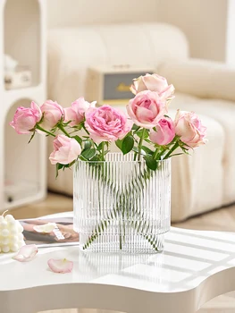 שטוח גליל אור יוקרה אגרטל קישוט זכוכית שקוף הידרופוני פרחים רוז הביתה הסלון סידור פרחים קישוטים