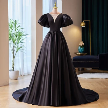 שמלת ערב שחורה חריץ אורך רצפת רוכסן בחזרה קו A-O-צוואר שרוול קצר סאטן אלגנטי בתוספת נשים גודל שמלות ערב B2646