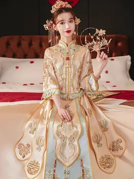 שמפניה, זהב, נצנצים רקמה נישואין להגדיר הכלה החתן טוסט בגדי וינטג ' Cheongsam שמלת החתונה