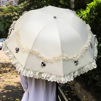 תחרה, מטריית גשם נשים קרם הגנה קוריאנית שלושה קיפול מטריה UV ברור נסיכה חדיר WindproofRain ציוד XF11GM