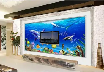 תמונה מותאמת אישית ציור 3d חדר נייר קיר עולם המים לוויתן דולפין קישוט הבית רקע 3d ציורי קיר טפט על קיר 3 d