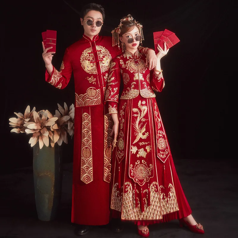 2022 רטרו סיני מעודן, מסוגנן מנדרין Cheongsam צווארון הכלה האדום פניקס רקמה שמלת החתונה - 0