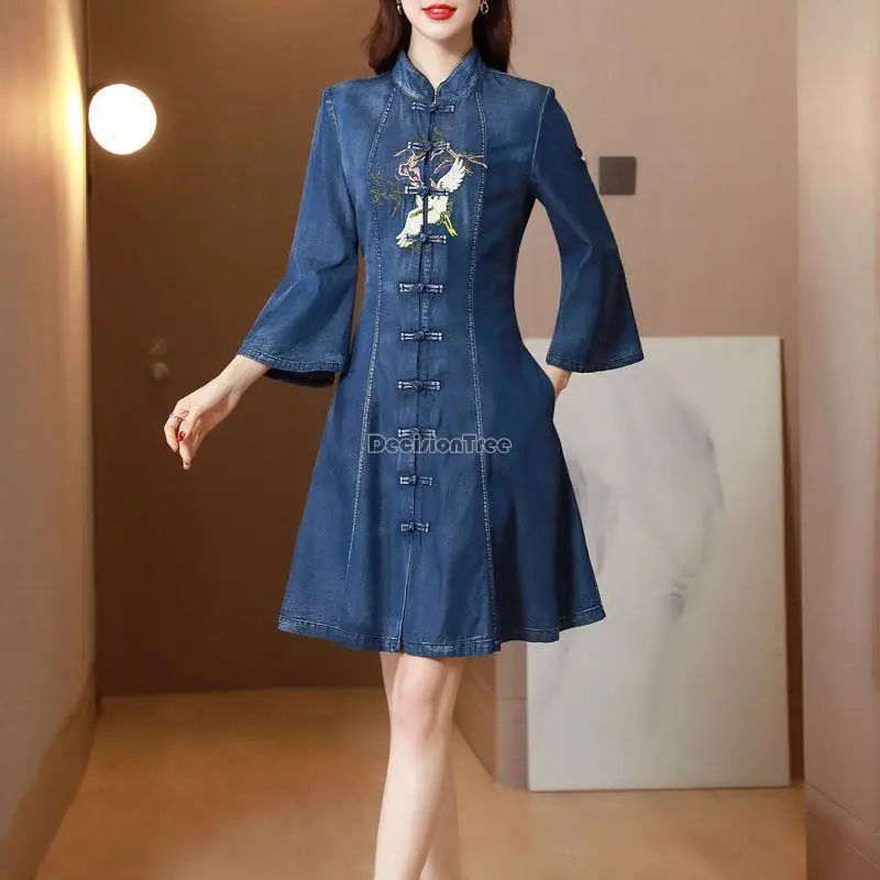 2023 סתיו סיני חדש בציר רקמה שיפור cheongsam סגנון ג ' ינס, שמלה נשית התלקח השרוול קו a-שמלה קצרה g1007 - 0