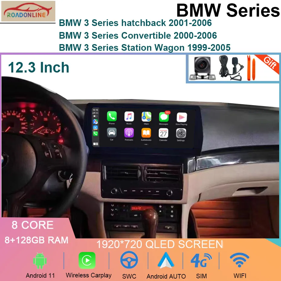 8+128GB אנדרואיד 11 רדיו במכונית BMW סדרה 3 האצ ' בק/גג נפתח/משפחתית/קופה/ארבעה דלתות סדאן 1998-2006 GPS WIFI - 0