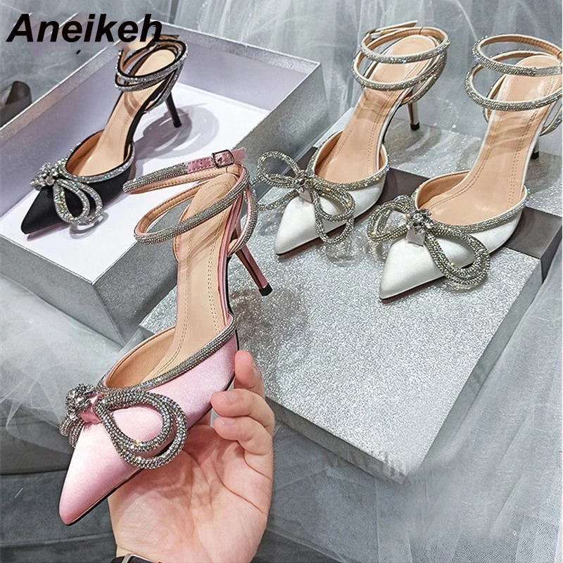 Aneikeh 41 42 PVC בסגנון נצנצים, אבנים נוצצות נשים משאבות קריסטל Bowknot סאטן הגברת משי עקבים גבוהים מסיבה נעליים 2024 אביב החדשה - 0