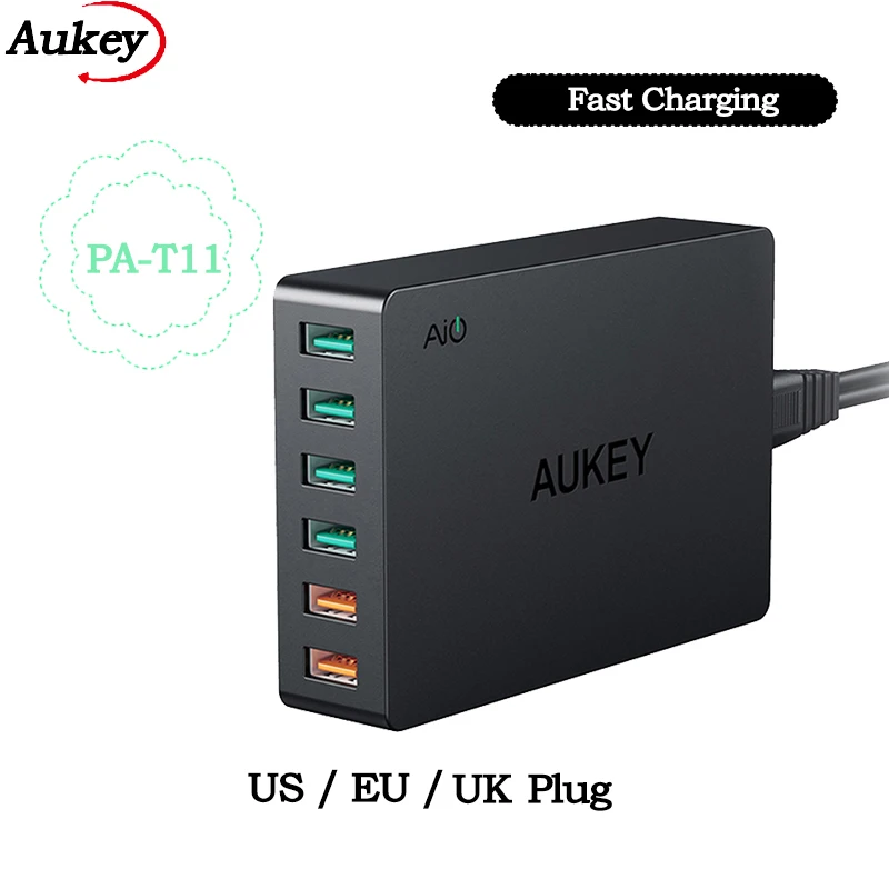 AUKEY PA-T11 6 יציאת USB 60W מהר מטען קיר האיחוד האירופי אותנו בריטניה תקע Qualcomm טעינה מהירה 3.0 מטען שולחני טעינה - 0