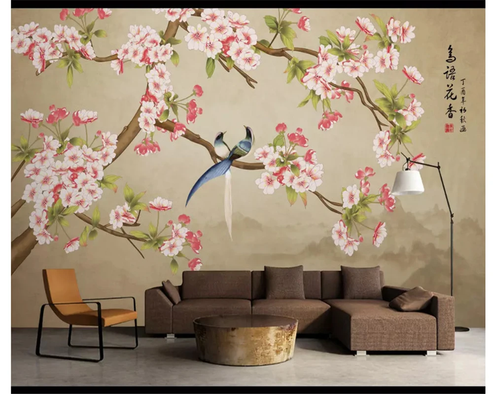 beibehang חדש בסגנון סיני מצוירים ביד אופנה נייר קיר כלבי-ים פרח ציפור נוף טלוויזיה ספה רקע טפט 3d - 0