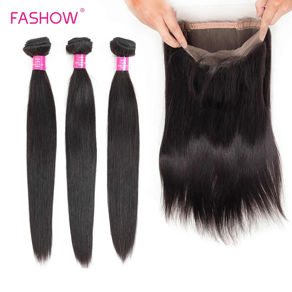 FaShow פרואני שיער חבילות עם תחרה קדמית רמי שיער אנושי חבילות עם 360 תחרה קדמית סגירת קו השיער הטבעי - 0