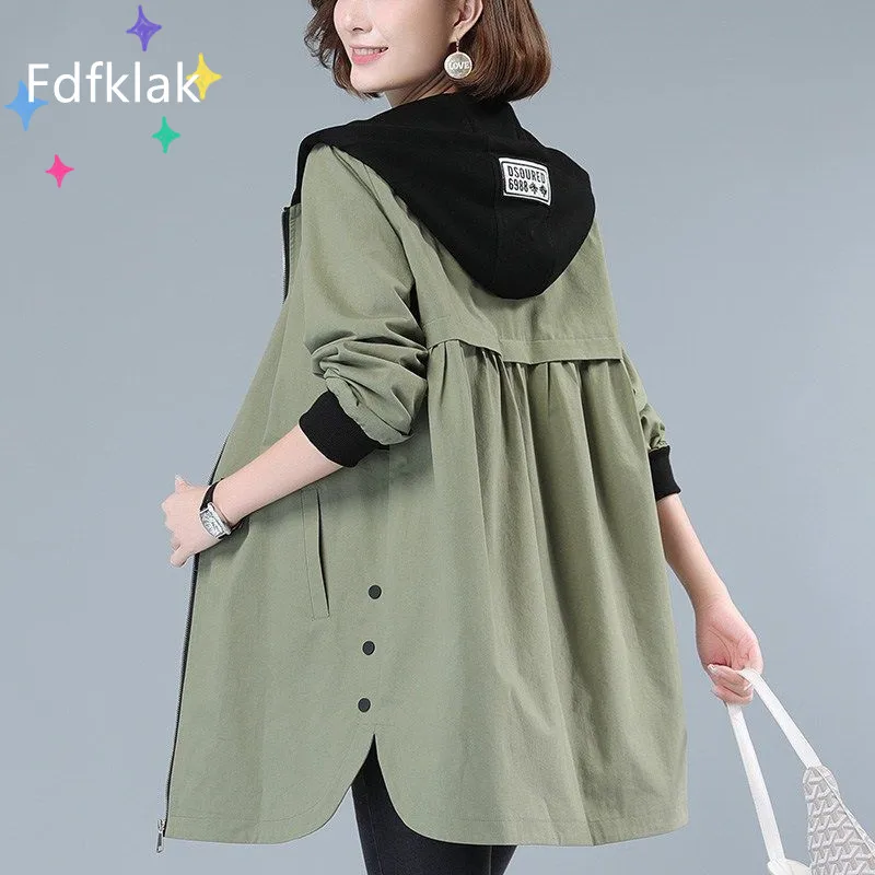 Fdfklak חדש סתיו נשים בגדים מזדמנים בסיסי מעיל כיס רוכסן מעילי רופף עם ברדס ארוך שרוול מעיל רוח נשית - 0