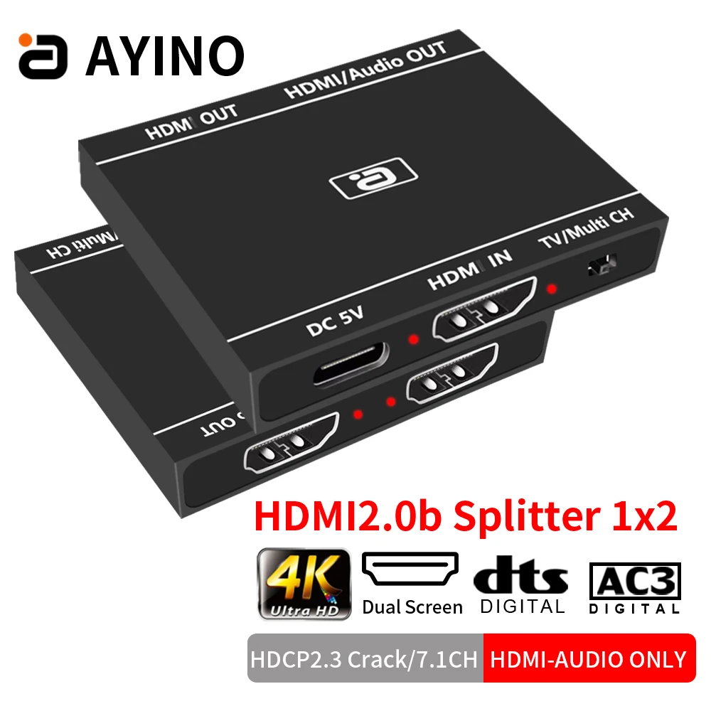 HDMI2.0b 1x2 ספליטר 4K@60HZ UHD-1 2-HDMI תואם רק Audio Extractor HDCP קראק 7.1 CH-Dolby Atmos PS TV Box - 0