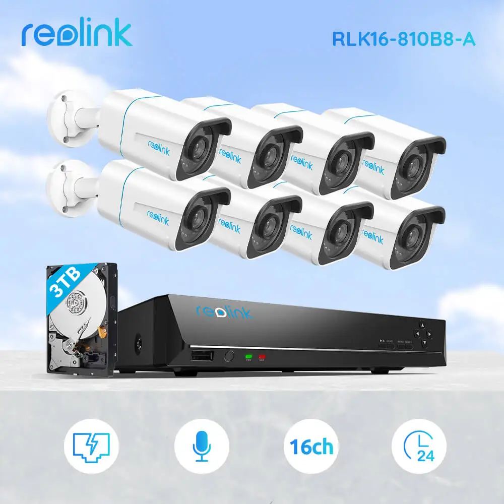 Reolink RLK16-810B8-A 4K NVR פו אדם/רכב זיהוי 24/7 הקלטה HDD 3TB 8MP HD Ultra כדור חכם, מערכת אבטחה בבית - 0