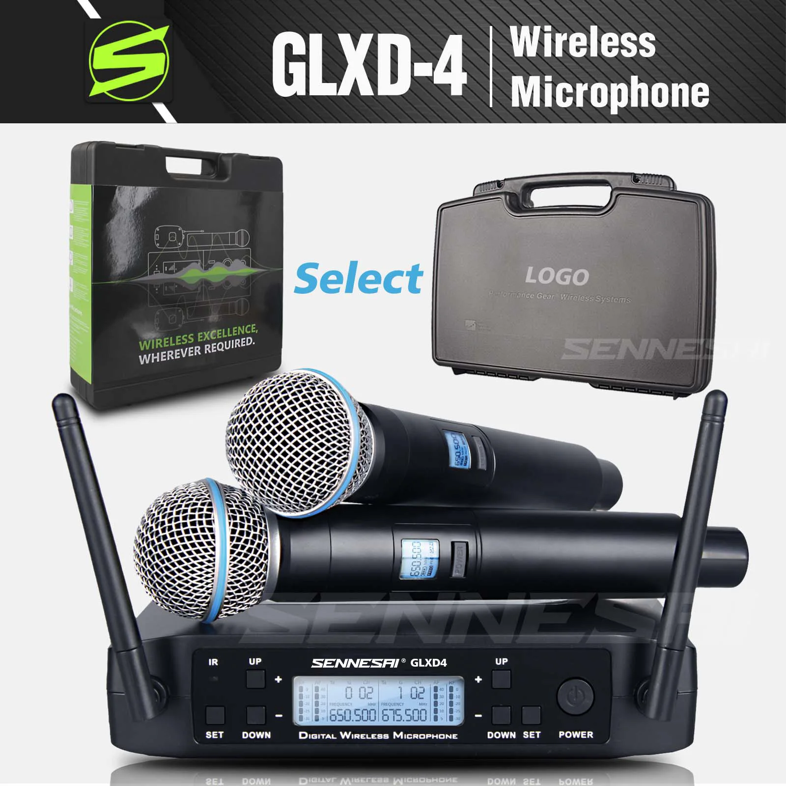 SENNESAI GLX4 מקצועי כפול מיקרופון אלחוטי 600-699mhz מערכת הופעות הבמה UHF דינמי 2 ערוץ כף יד - 0