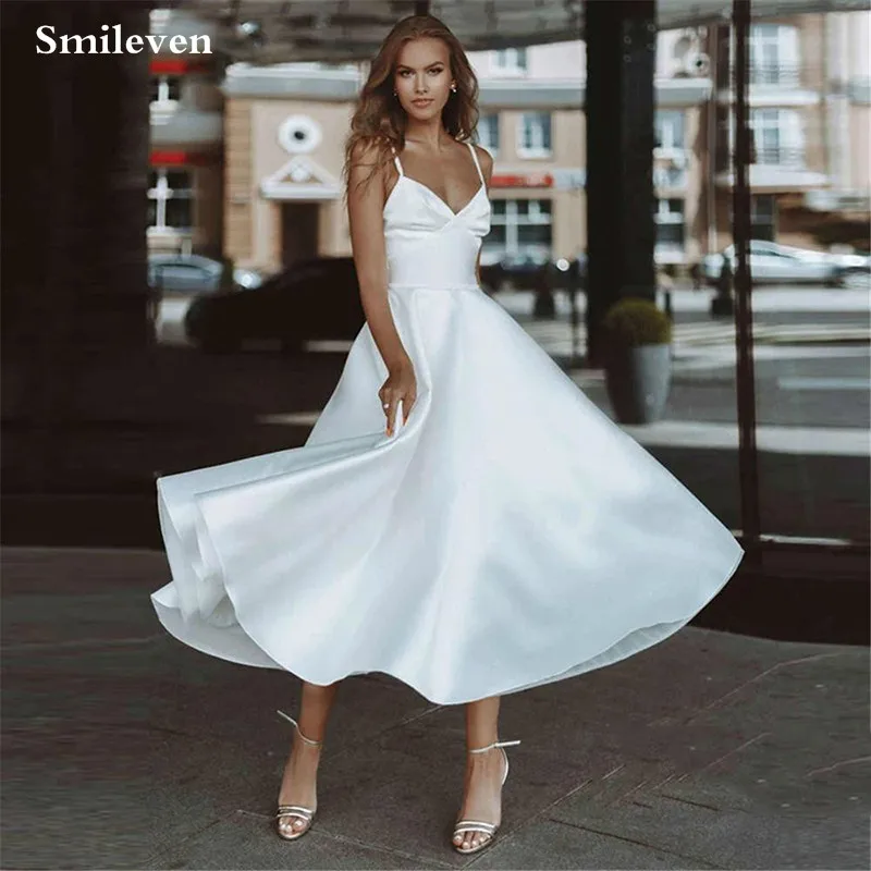 Smileven סאטן קצרה שמלות חתונה עם רצועות קרסול LengthButtons בחזרה t כלה שמלת חלוק De Mariage תחרה - 0