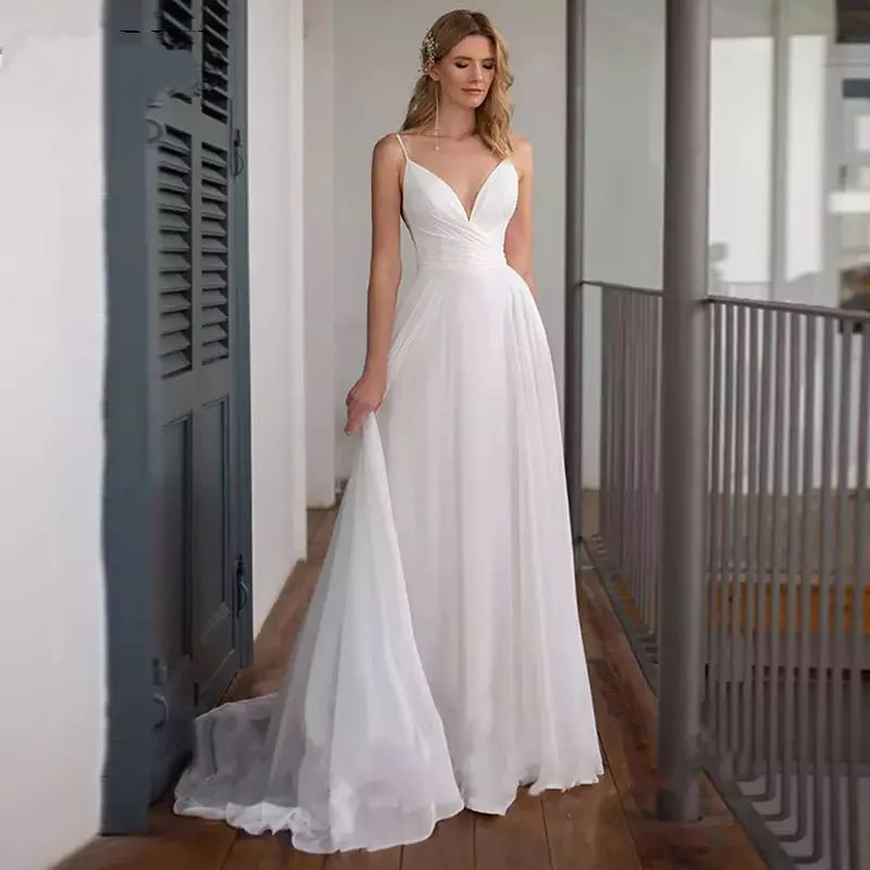 TIXLEAR נשים פשוט חוף שיפון שמלת החתונה 2023 ספגטי רצועת צוואר V בהזמנה אישית בוהמי שמלות כלה Vestido De Noiva - 0