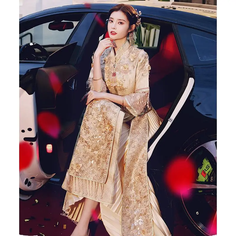 Yourqipao Xiuhe בגדים חדשים הכלה 2023 סינית עתיקה שמלת הכלה שמפניה דרקון ופניקס שמלת כלה כוסית צד שמלות - 0