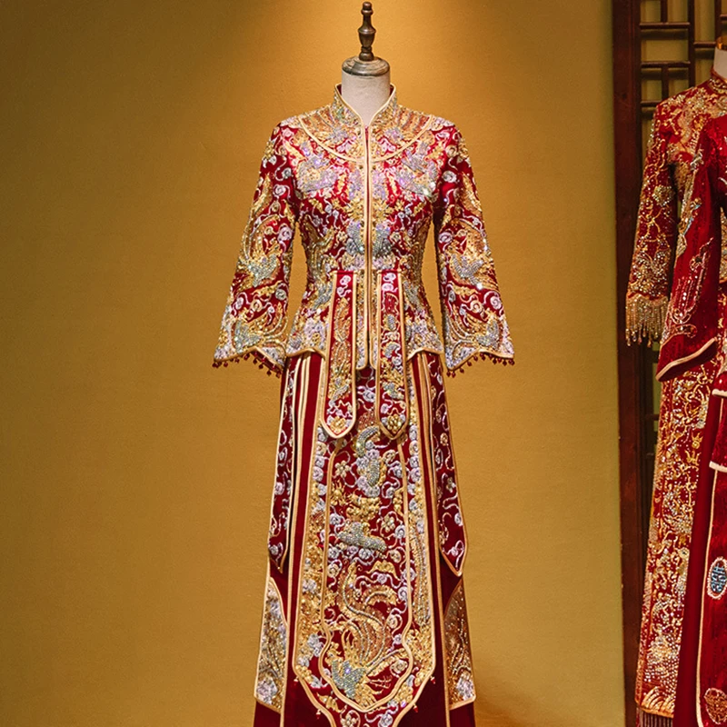 Yourqipao סיני Xiuhe בגדים 2023 המסורתי החדש Cheongsam שמלת החתונה טוסט העתיקה Custumes כבד חרוזים שמלות כלה - 0