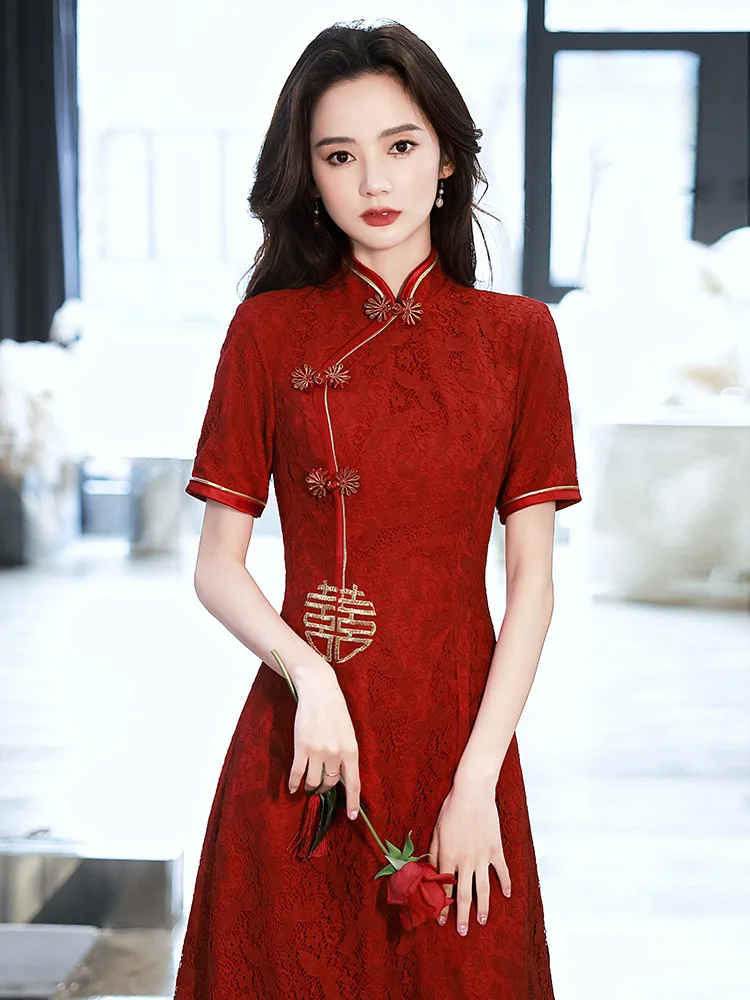 Yourqipao סינית מסורתית Cheongsam לחיים בגדים 2023 חדש סין שמלה אדומה נשים אירוסין נשף שמלות ערב - 0