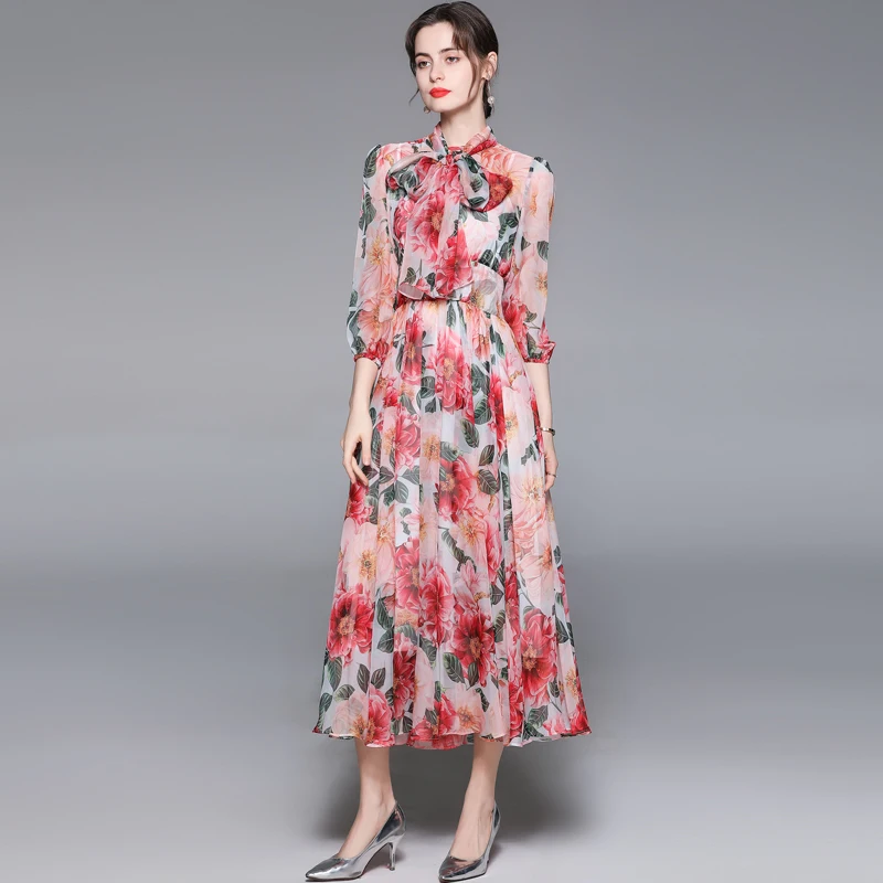 ZUOMAN נשים אביב פרחוני אלגנטי שיפון שמלה לפסטה באיכות גבוהה מסיבת חתונה חלוק נשי בציר קשת מעצב Vestidos - 0