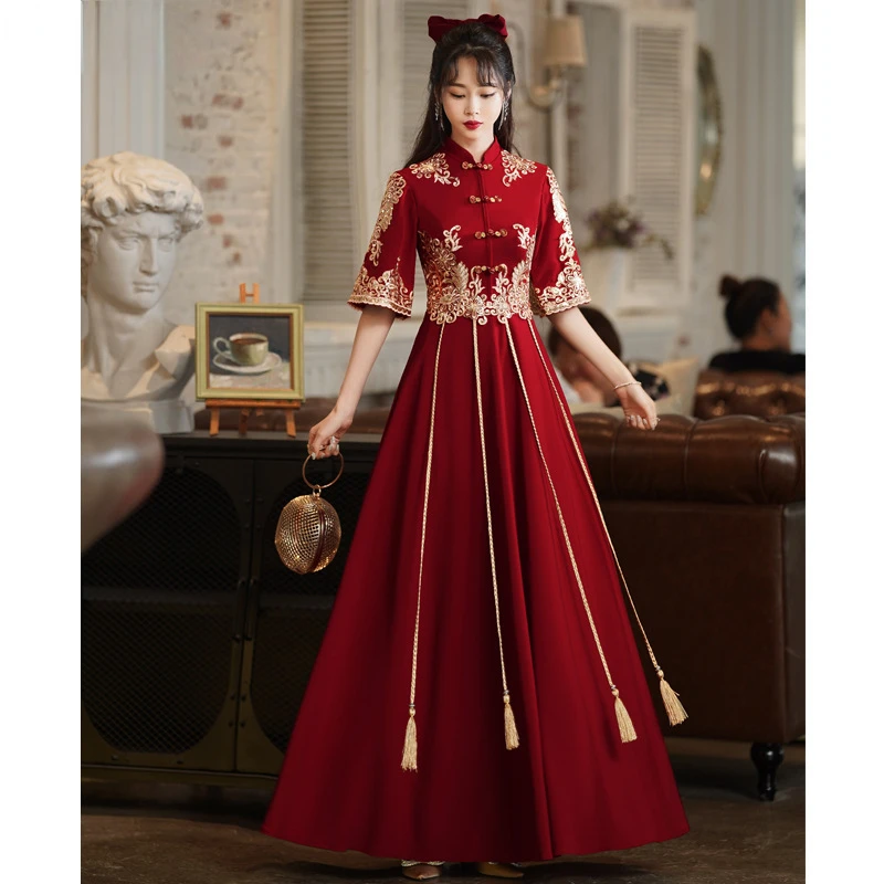 אדום מסורתי שמלת הכלה הסינית החתונה Cheongsam וינטאג אלגנטית טוסט בגדים מודרניים ערב המפלגה שמלת צ ' יפאו Vestido - 0