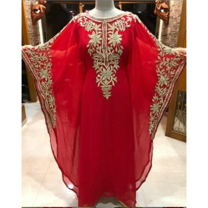 אדום מפואר מרוקאי האסלאמית Kaftan Farasha מסיבת Jalabiya קומה החצאית הארוכה הודי להתלבש - 0