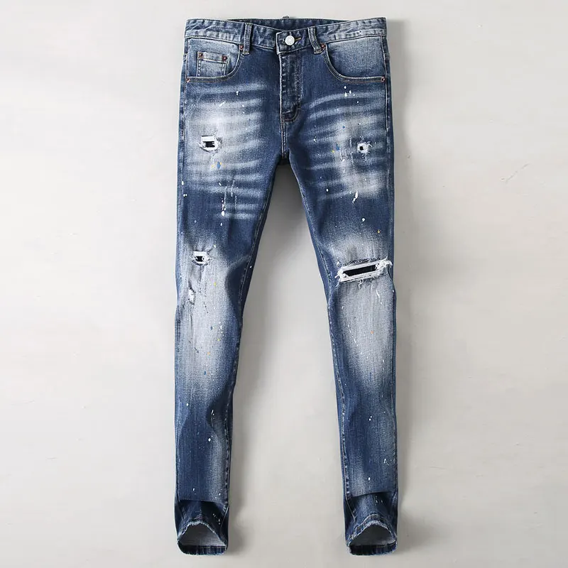 אופנה וינטג גברים ג 'ינס רטרו כחול רזה אלסטי מתאים חור, קרע בג' ינס גברים צבועים מעצב היפ הופ ג ' ינס עיפרון מכנסיים גבר - 0