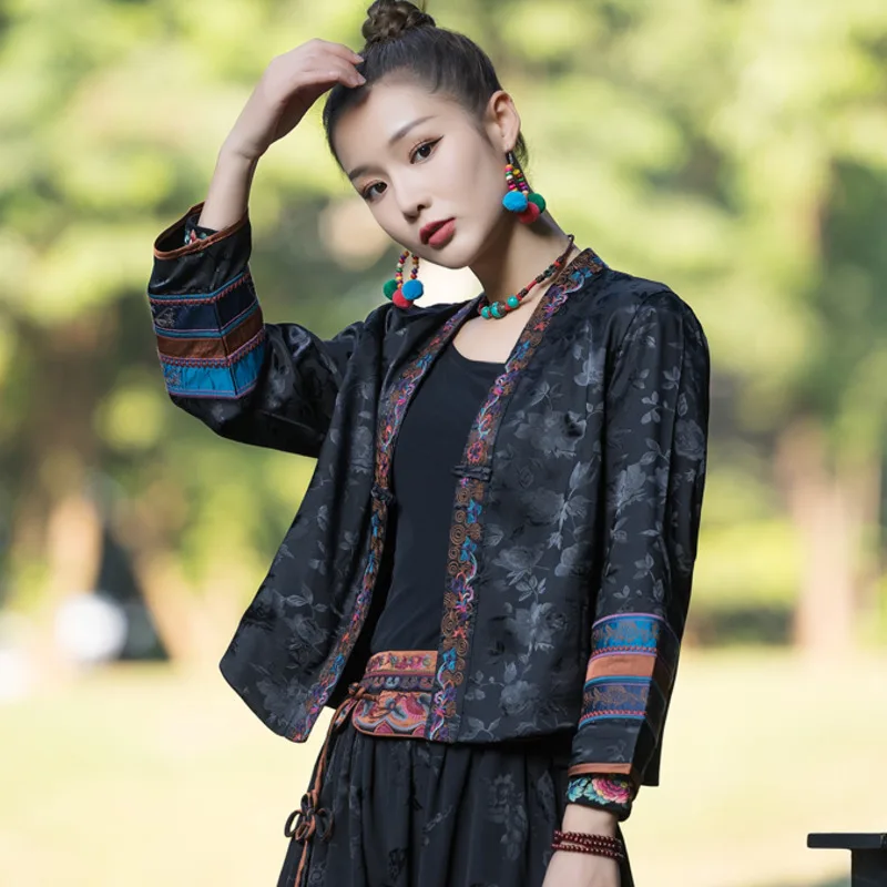 אתני חדש רקמה קרדיגן מעיל קצר נשים רטרו טאנג חליפה שרוול ארוך בסגנון סיני ' קט סיני בגדים צוואר V Hanfu - 0