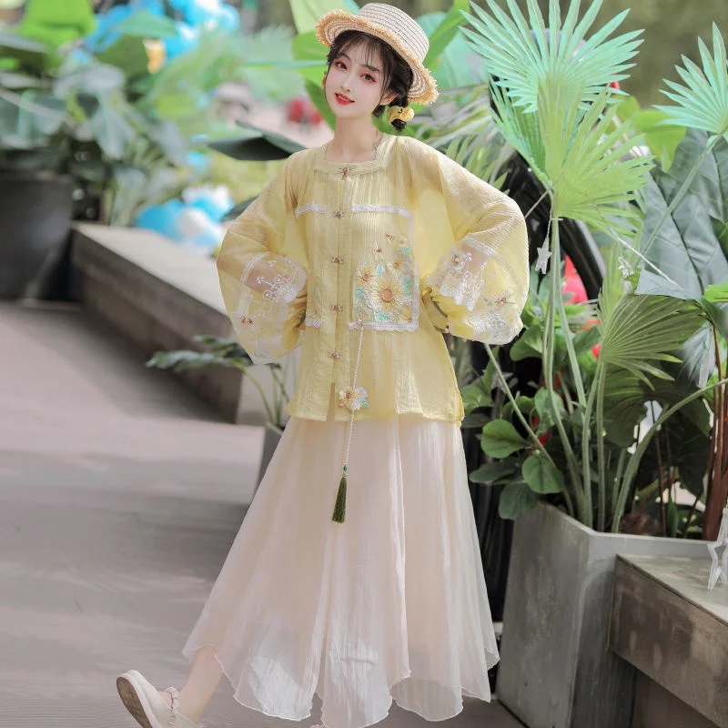 האן Xuming גרם Hanfu. נשים יכולות ללבוש חמניות מוצק צבע גודל גדול קצרים חולצה עם צוואר מרובע חצי שרוולים יומי - 0