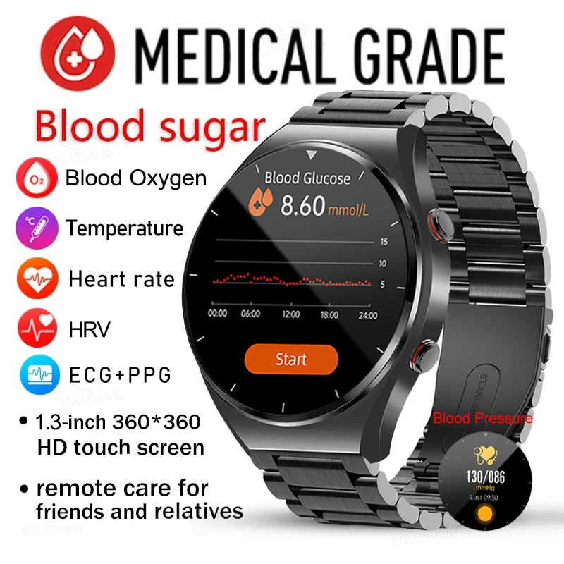 הסוכר בדם בריא שעון חכם גברים א. ק. ג+PPG מדויק טמפרטורת הגוף לפקח על קצב לב Smartwatch HRV לחץ דם שעון 2023 - 0